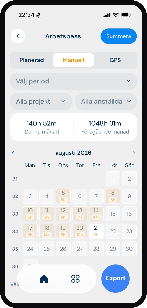 ByggExp-appen: arbetspass med planerade, manuella och GPS-timmar i en månadskalender