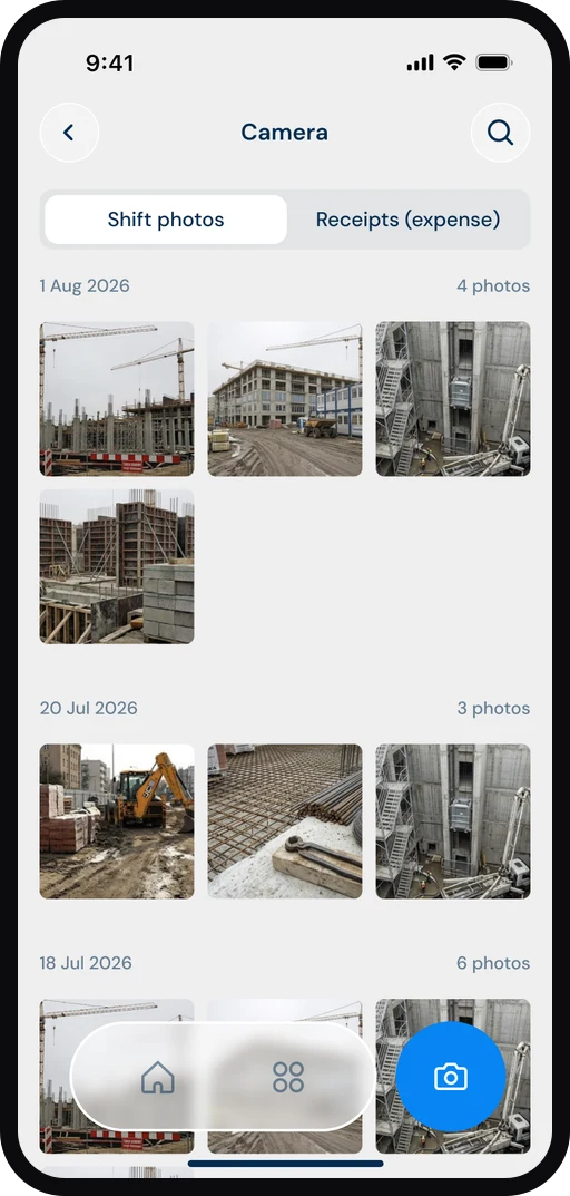 ByggExp-appen: byggfoton per projekt och datum, kopplade till arbetspasset
