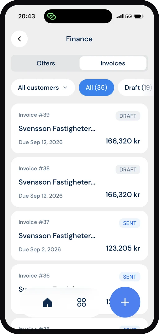 ByggExp-appen: lista över fakturor med status – utkast och skickad