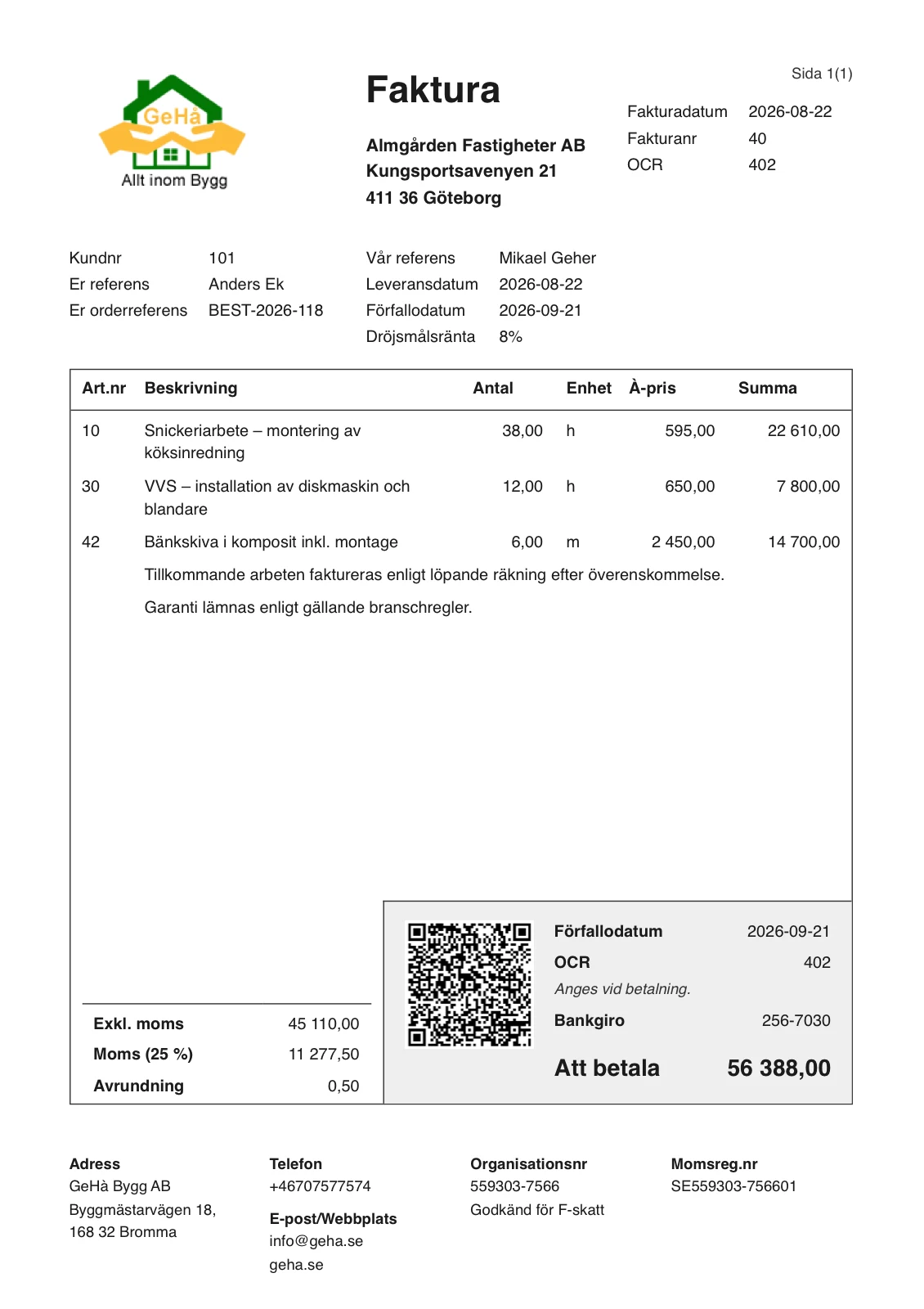 Exempel på en färdig faktura från ByggExp – rader, moms, OCR, bankgiro och QR-kod för betalning