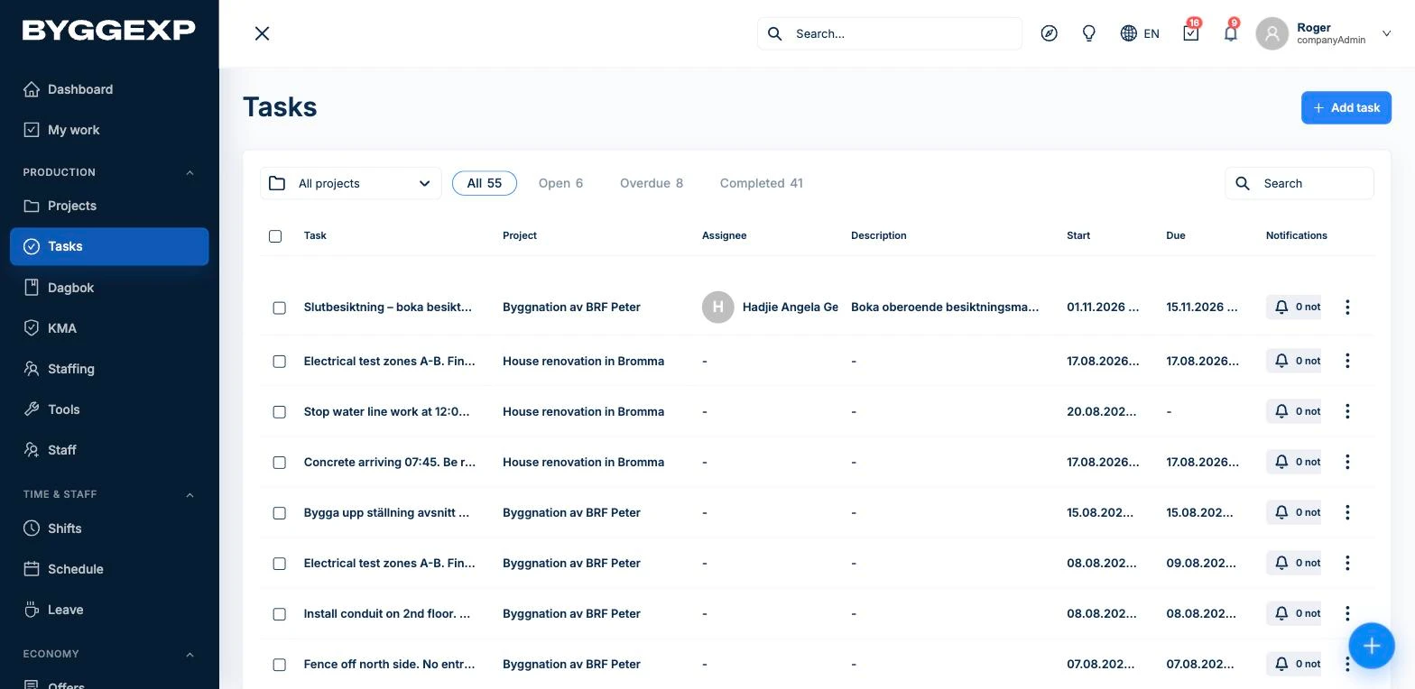 Uppgifter i webbadmin – lista med ansvarig, projekt, start och deadline