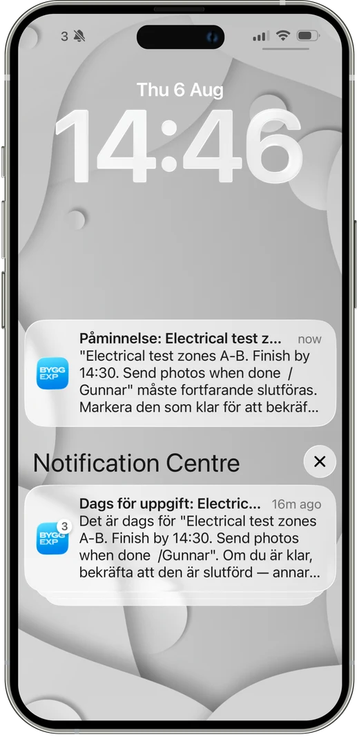 ByggExp-appen: push-påminnelser om uppgifter och deadlines på låsskärmen