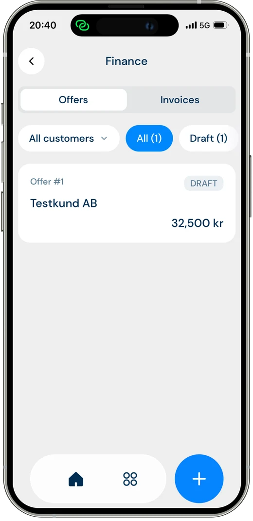 ByggExp-appen: lista över offerter med status, t.ex. utkast