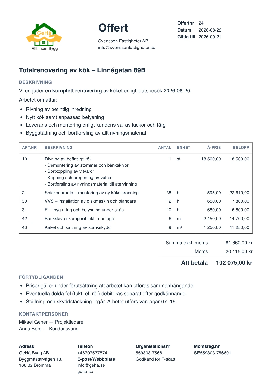Exempel på en färdig offert från ByggExp – rader, á-pris, moms och totalsumma med företagets logotyp