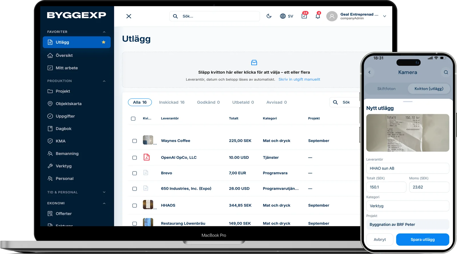 Utlägg i ByggExp: kvittolista i adminpanelen och nytt utlägg i mobilen